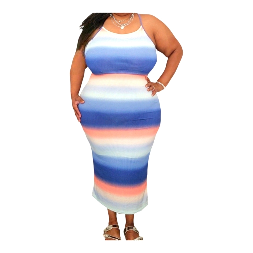 Blue Multicolor Midi Dress Cris Cross Back Straps Sizes 1xl And 2xl NWT